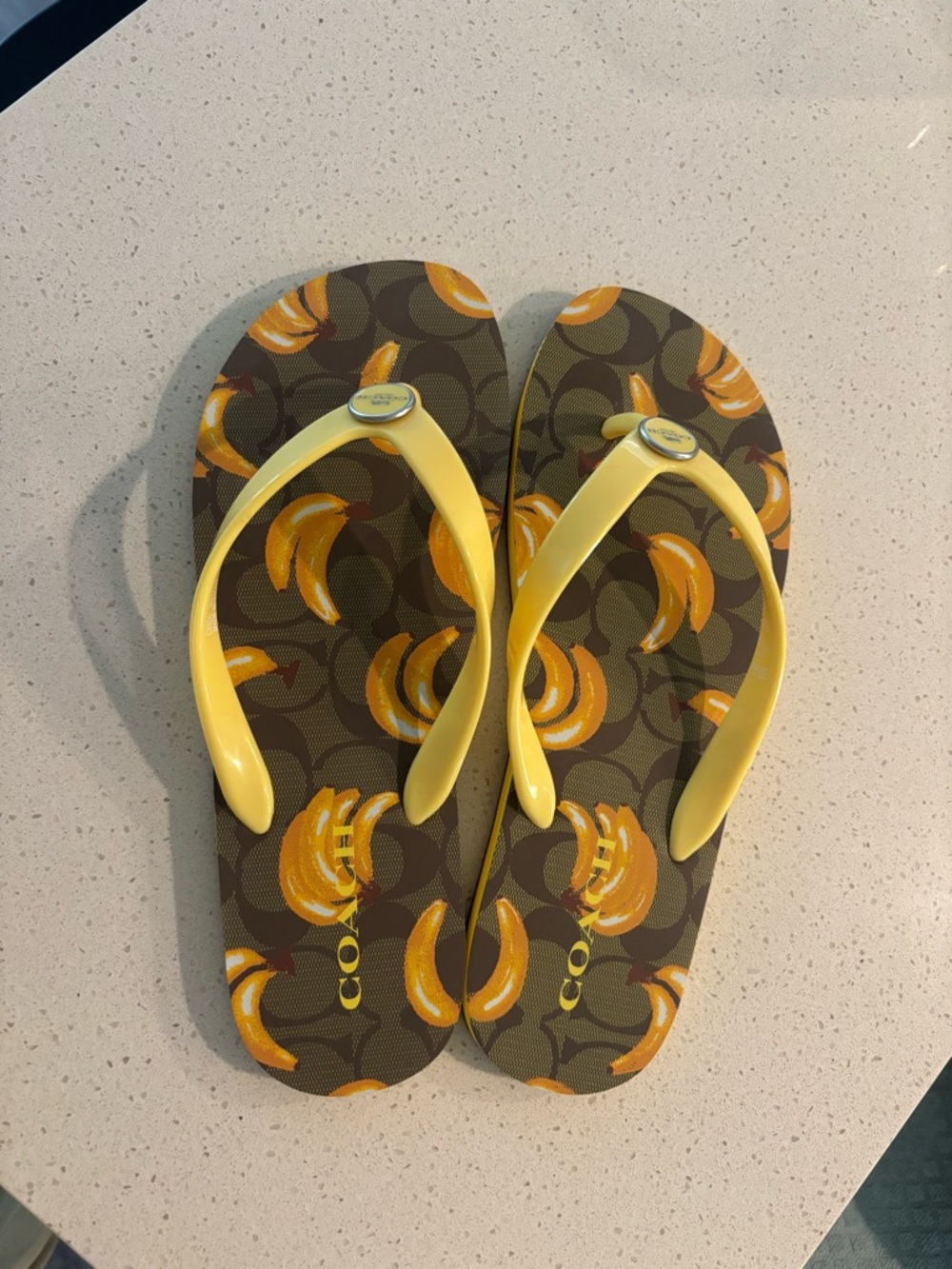 Coach Brown Signature Flip Flops with Yellow Banana Print